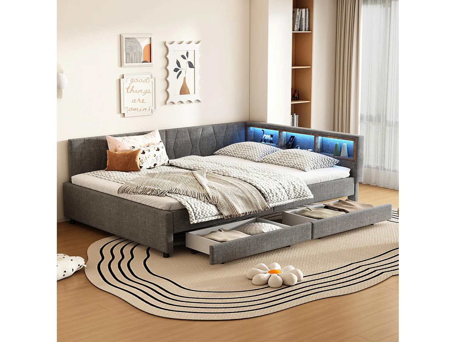 Lit adulte 140x200 cm - Lit double avec 2 tiroirs et rangement de chevet - éclairage LED et chargement USB - gris