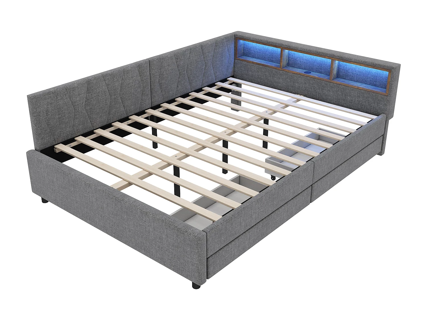 Lit adulte 140x200 cm - Lit double avec 2 tiroirs et rangement de chevet - éclairage LED et chargement USB - gris