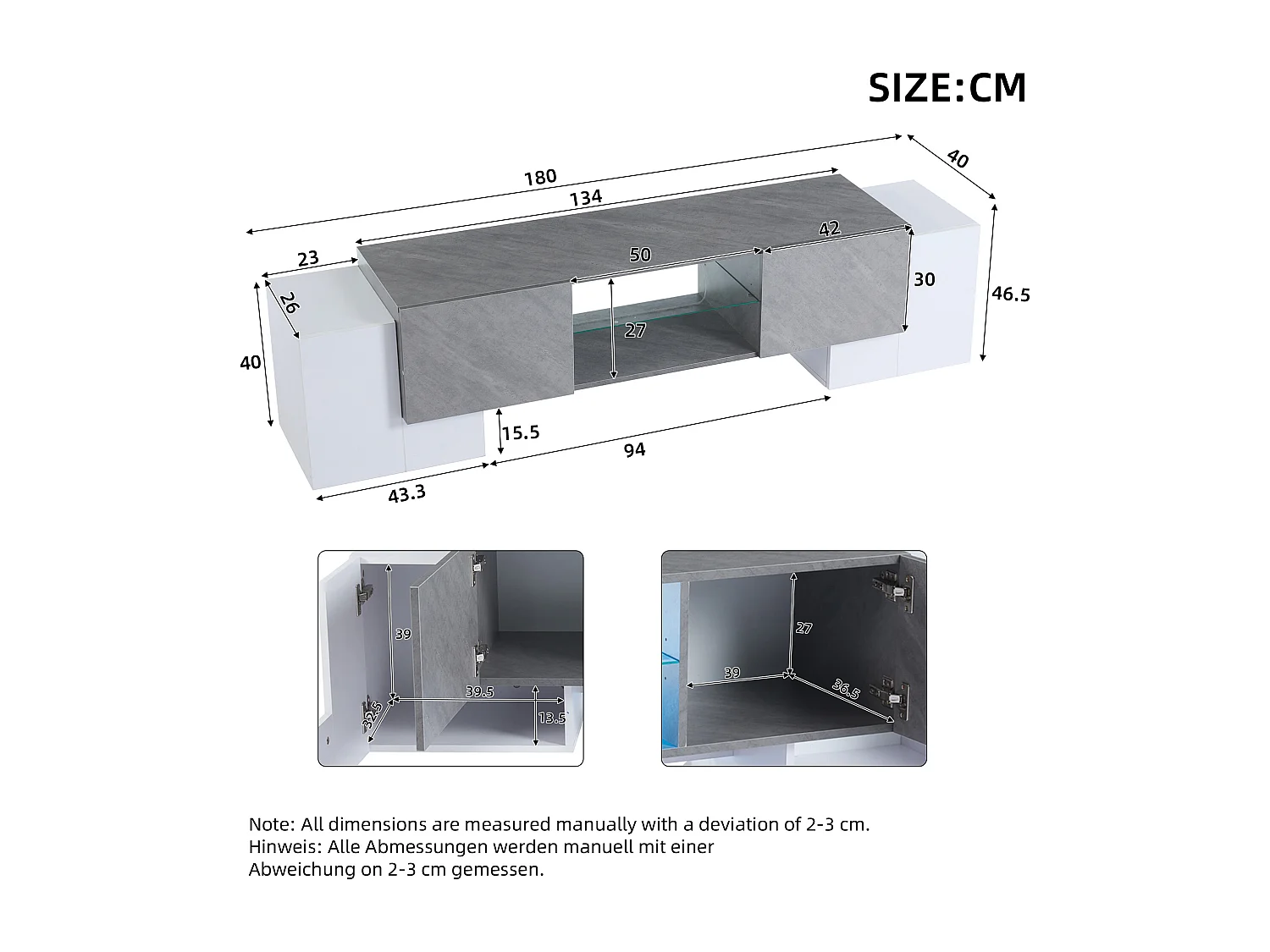 Meuble TV blanc - Meuble TV avec 4 portes et éclairage LED - pour salon et chambre