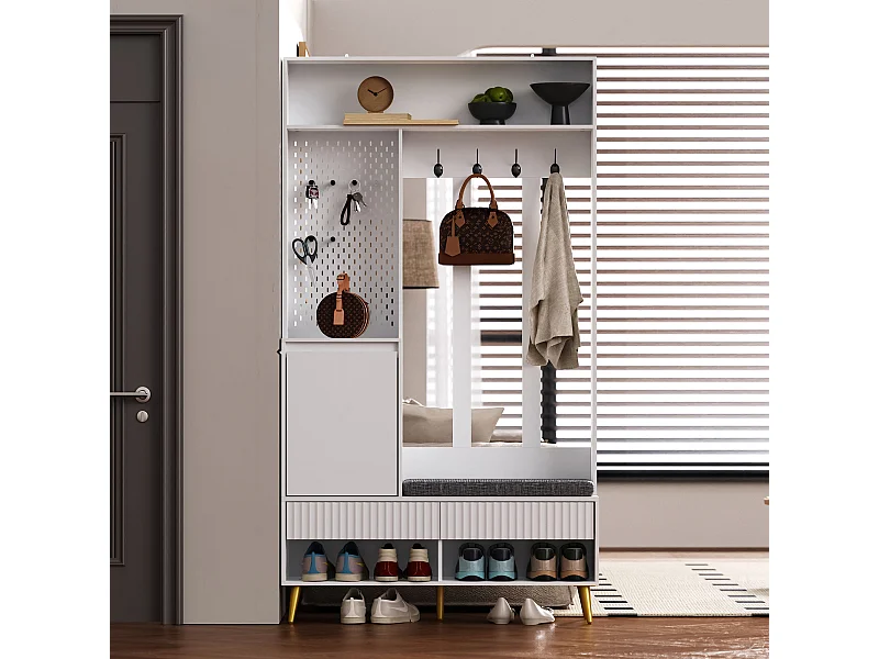 Vestiaire avec 2 tiroirs et 1 porte - 4 patères et banc à chaussures - blanc