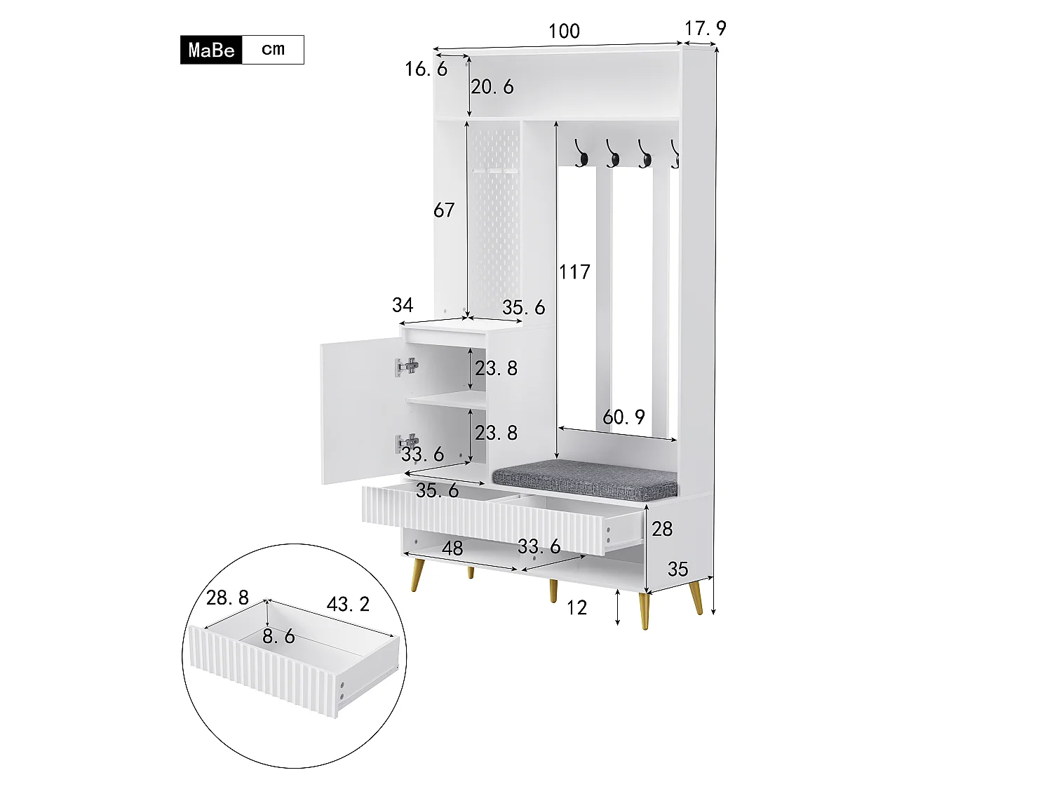 Vestiaire avec 2 tiroirs et 1 porte - 4 patères et banc à chaussures - blanc