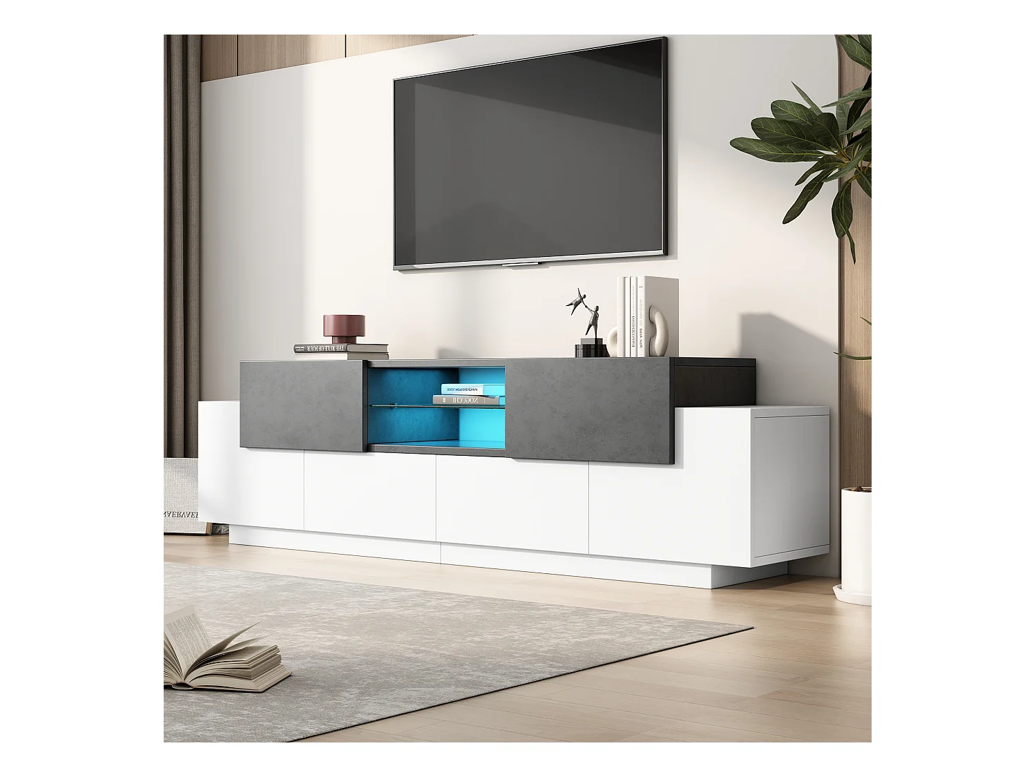 Meuble TV blanc - Meuble TV avec 4 portes et 2 tiroirs - avec éclairage LED et étagères en verre - pour salon et chambre
