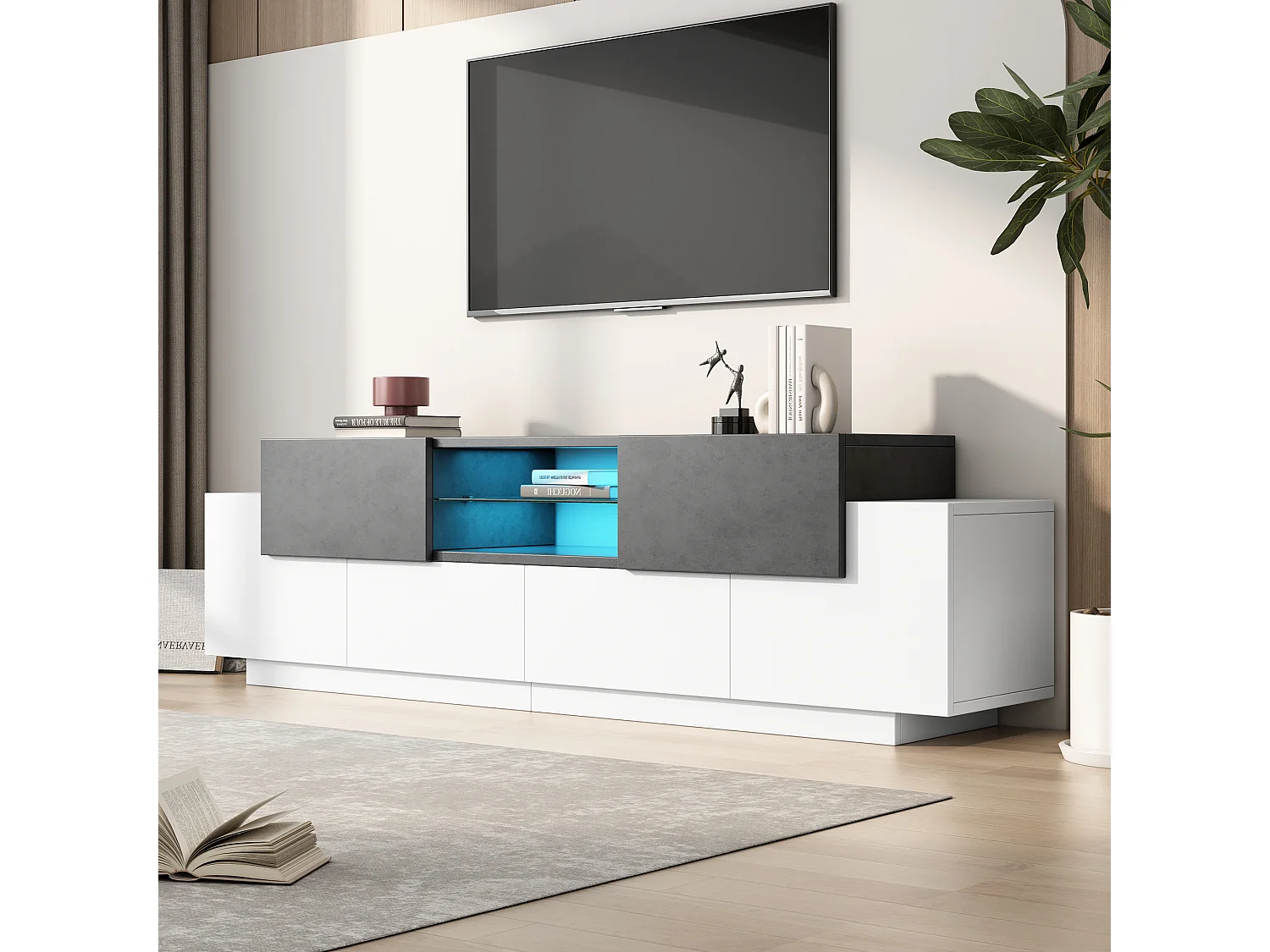 Meuble TV blanc - Meuble TV avec 4 portes et 2 tiroirs - avec éclairage LED et étagères en verre - pour salon et chambre