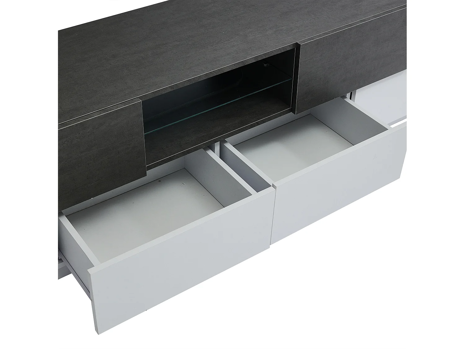 Meuble TV blanc - Meuble TV avec 4 portes et 2 tiroirs - avec éclairage LED et étagères en verre - pour salon et chambre