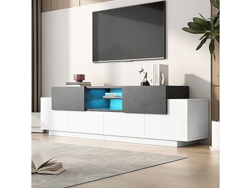 Meuble TV blanc - Meuble TV avec 4 portes et 2 tiroirs - avec éclairage LED et étagères en verre - pour salon et chambre