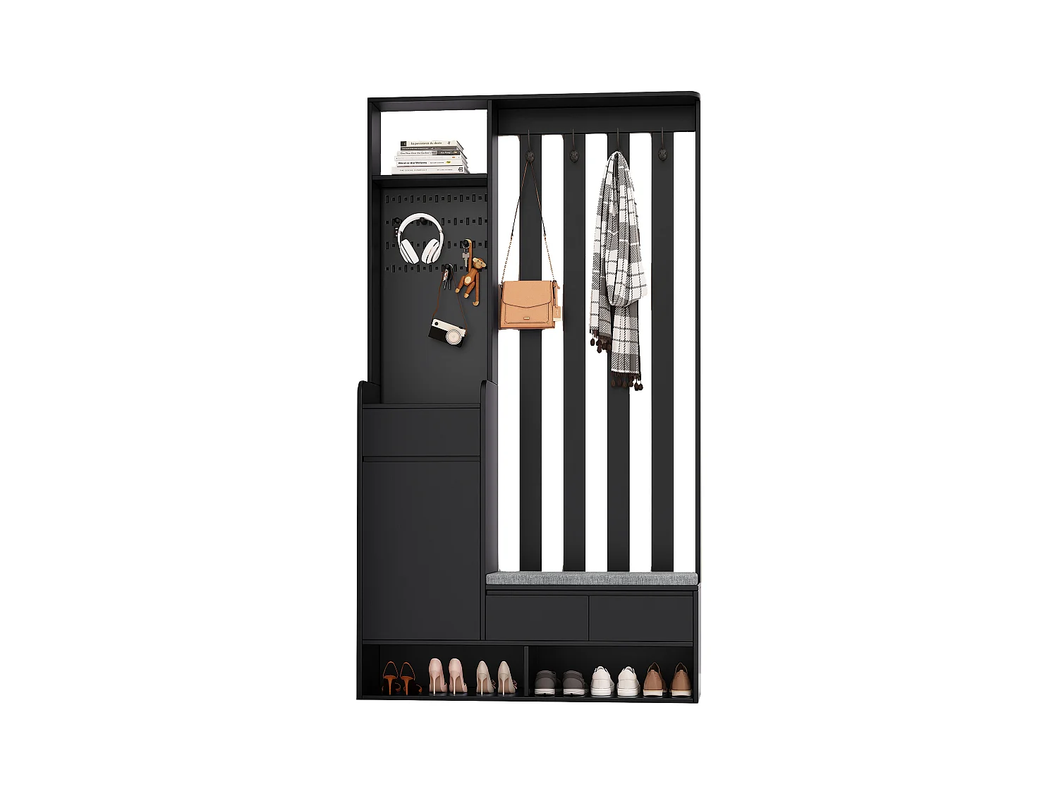 Schwarzer Kleiderschrank - Garderobenständer mit 3 Schubladen und 1 Tür - 4 Haken und 3 offenen Fächern