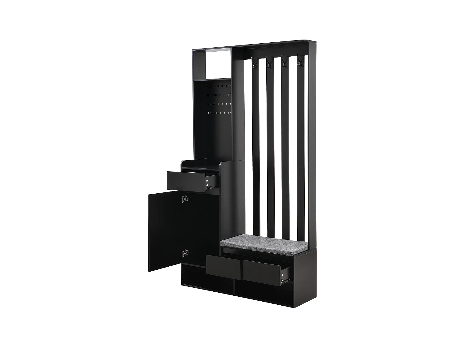 Schwarzer Kleiderschrank - Garderobenständer mit 3 Schubladen und 1 Tür - 4 Haken und 3 offenen Fächern