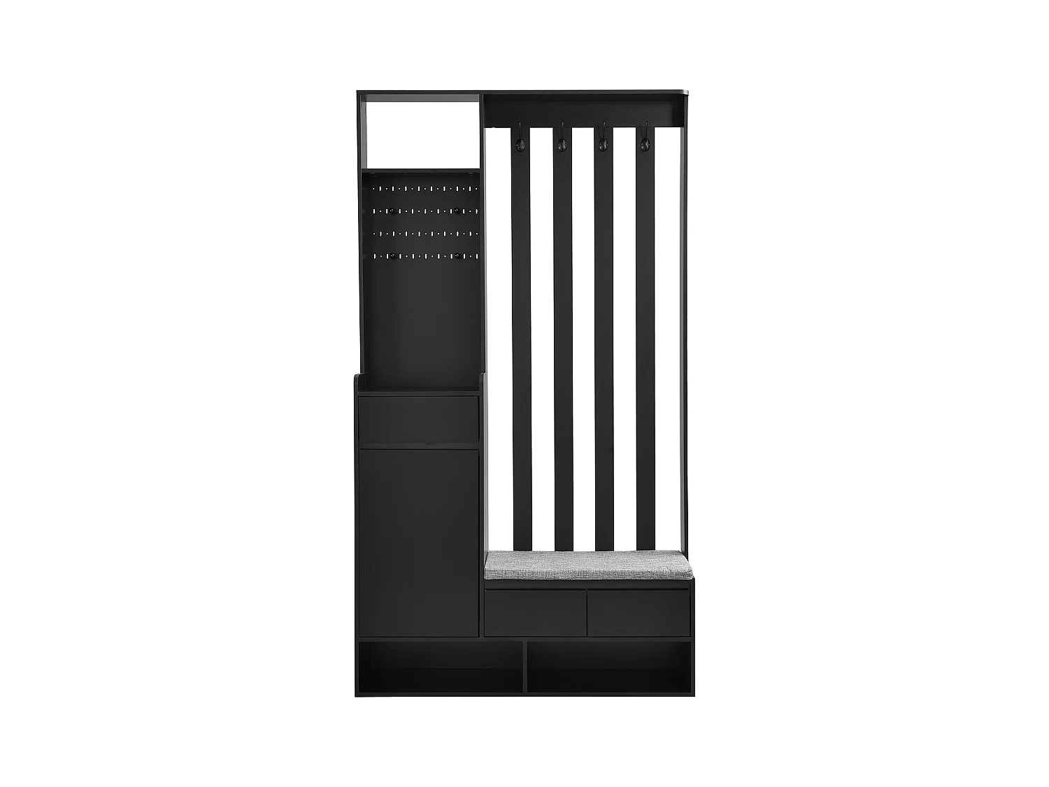 Schwarzer Kleiderschrank - Garderobenständer mit 3 Schubladen und 1 Tür - 4 Haken und 3 offenen Fächern