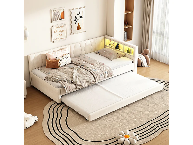 Lit gigogne 90x200 cm - Lit enfant avec éclairage LED et recharge USB - rangements ouverts - lin beige
