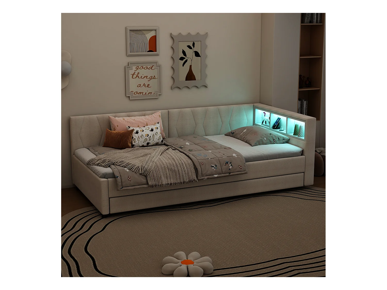 Lit gigogne 90x200 cm - Lit enfant avec éclairage LED et recharge USB - rangements ouverts - lin beige