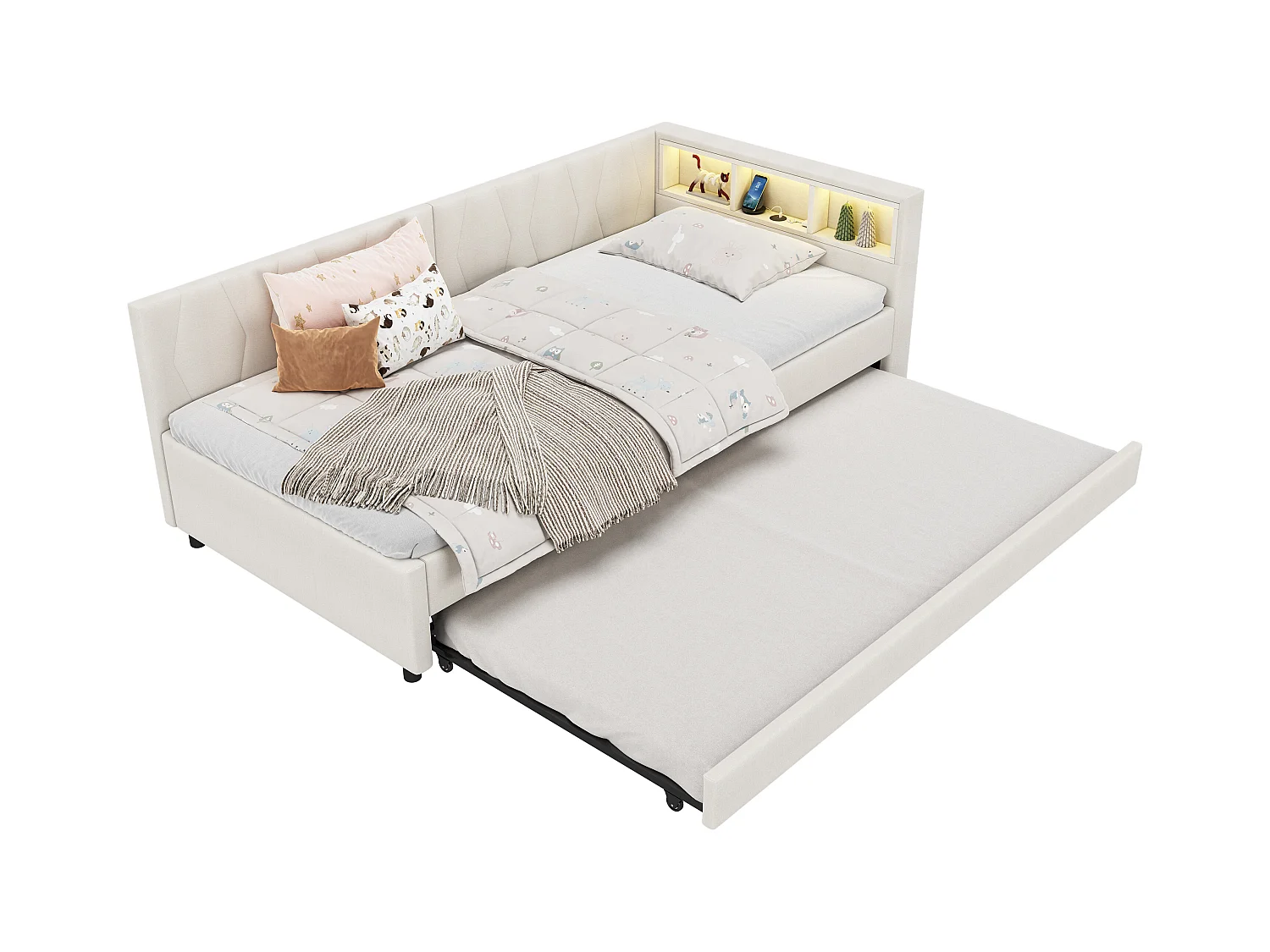 Lit gigogne 90x200 cm - Lit enfant avec éclairage LED et recharge USB - rangements ouverts - lin beige