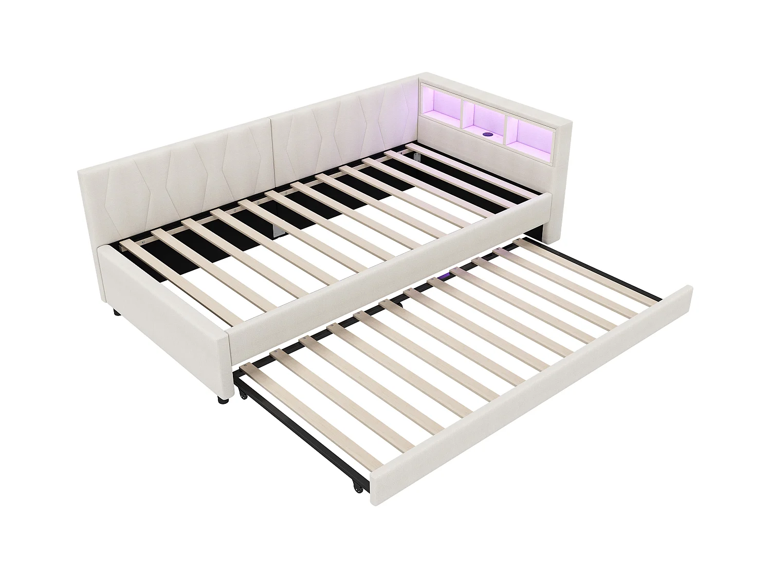 Lit gigogne 90x200 cm - Lit enfant avec éclairage LED et recharge USB - rangements ouverts - lin beige