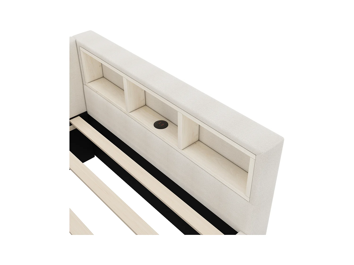 Lit gigogne 90x200 cm - Lit enfant avec éclairage LED et recharge USB - rangements ouverts - lin beige