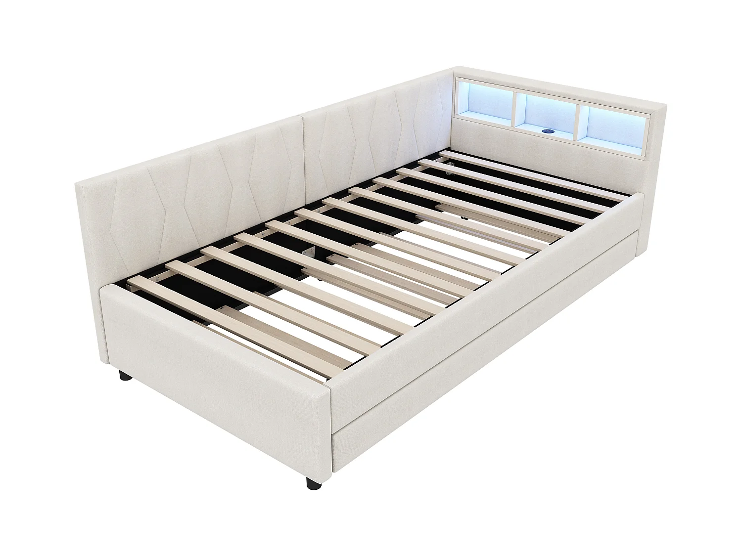 Lit gigogne 90x200 cm - Lit enfant avec éclairage LED et recharge USB - rangements ouverts - lin beige