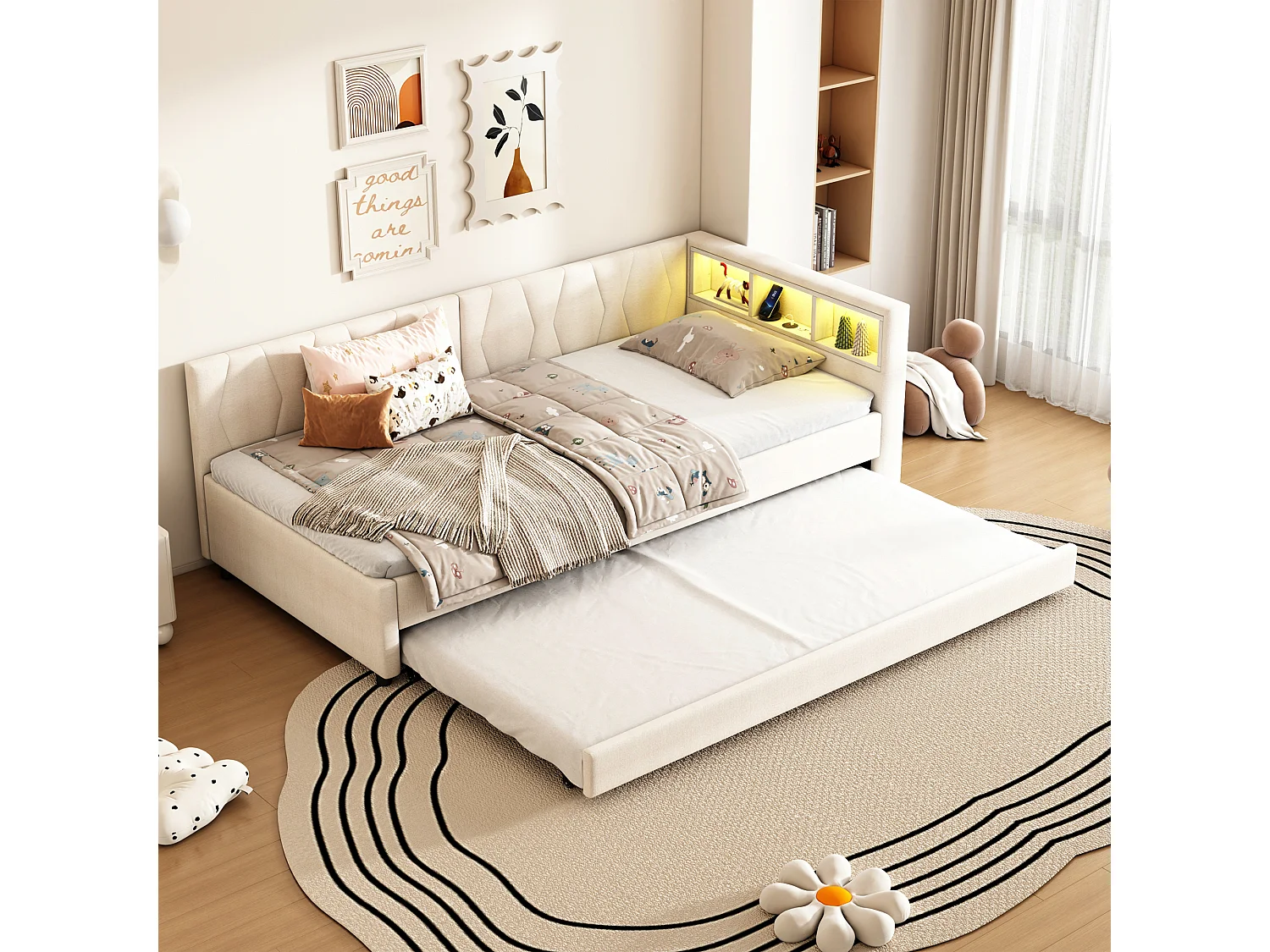 Lit gigogne 90x200 cm - Lit enfant avec éclairage LED et recharge USB - rangements ouverts - lin beige