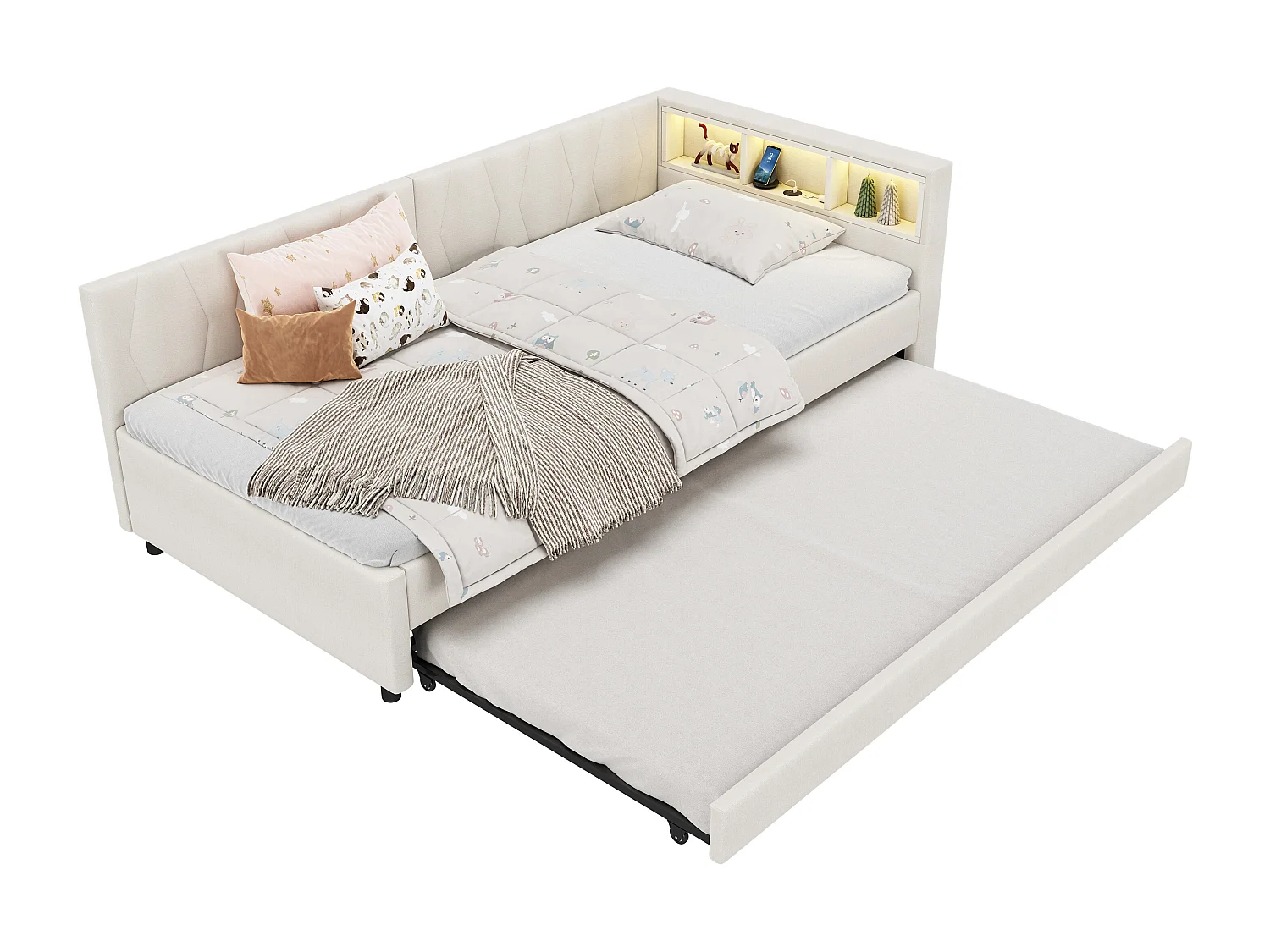 Lit gigogne 90x200 cm - Lit enfant avec éclairage LED et recharge USB - rangements ouverts - lin beige