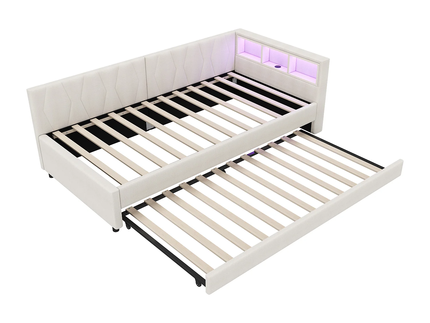 Lit gigogne 90x200 cm - Lit enfant avec éclairage LED et recharge USB - rangements ouverts - lin beige