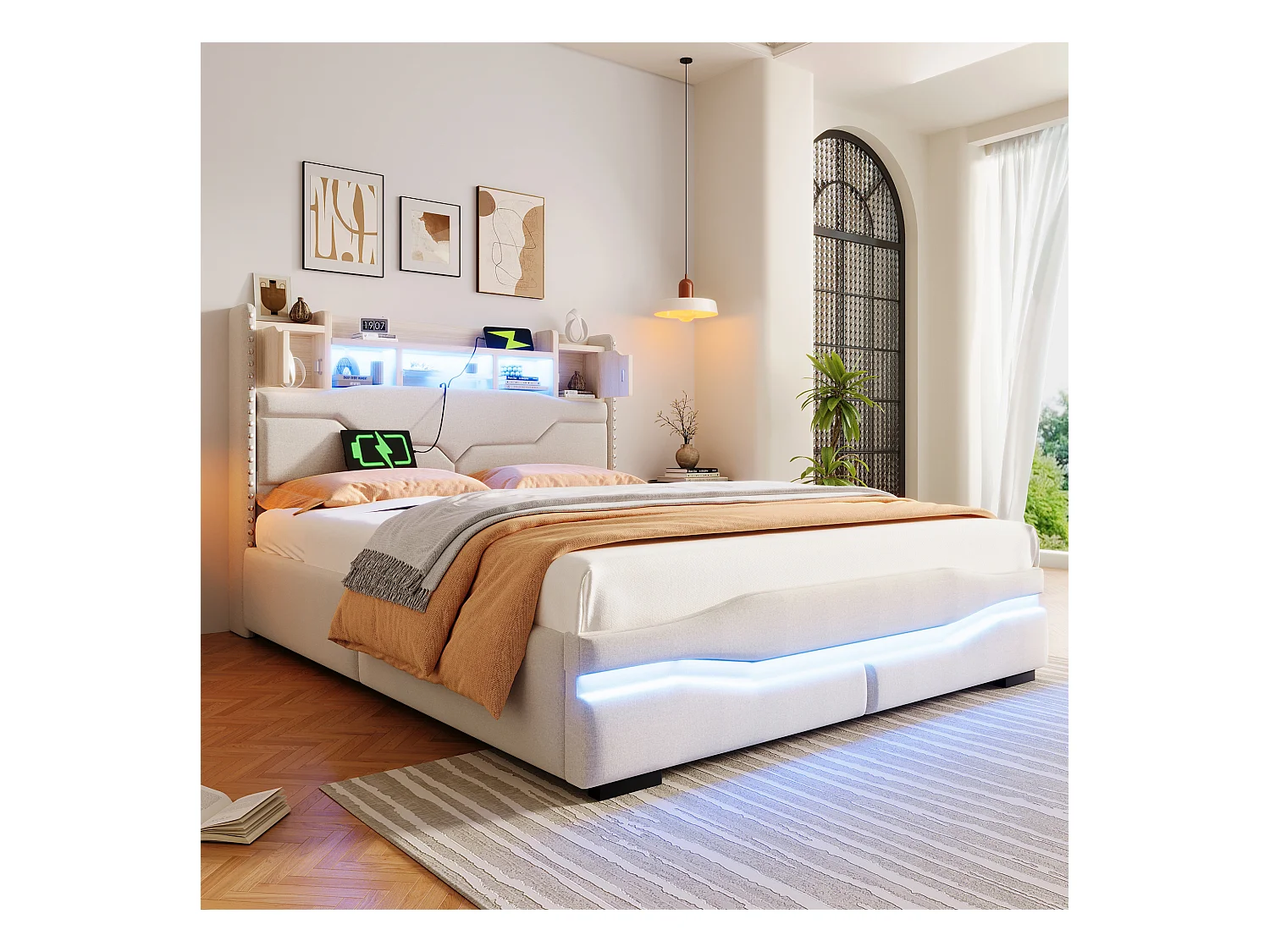 Letto contenitore 140x200 cm - Letto per adulti con ricarica USB e illuminazione LED - testiera contenitore - beige