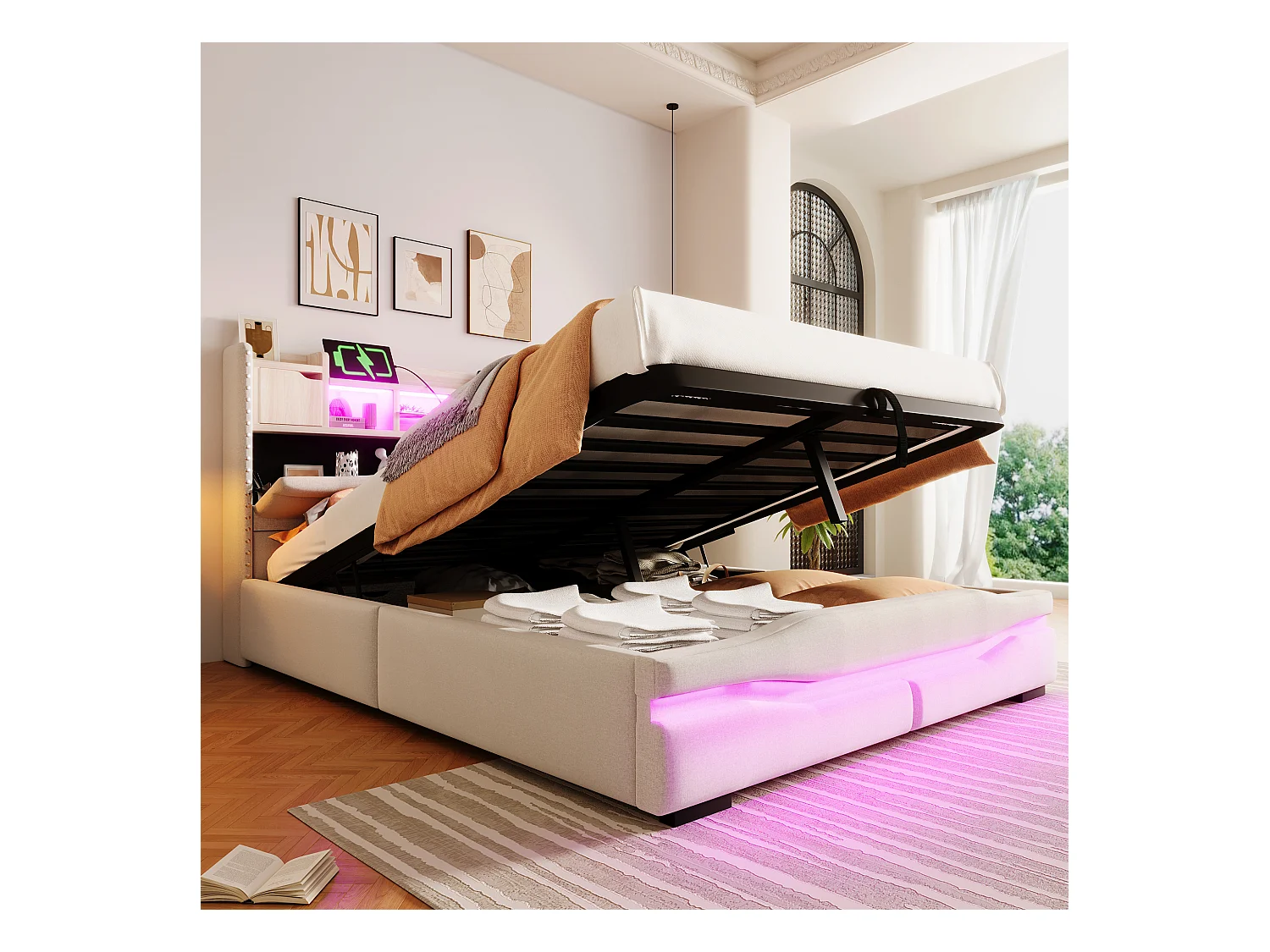 Letto contenitore 140x200 cm - Letto per adulti con ricarica USB e illuminazione LED - testiera contenitore - beige