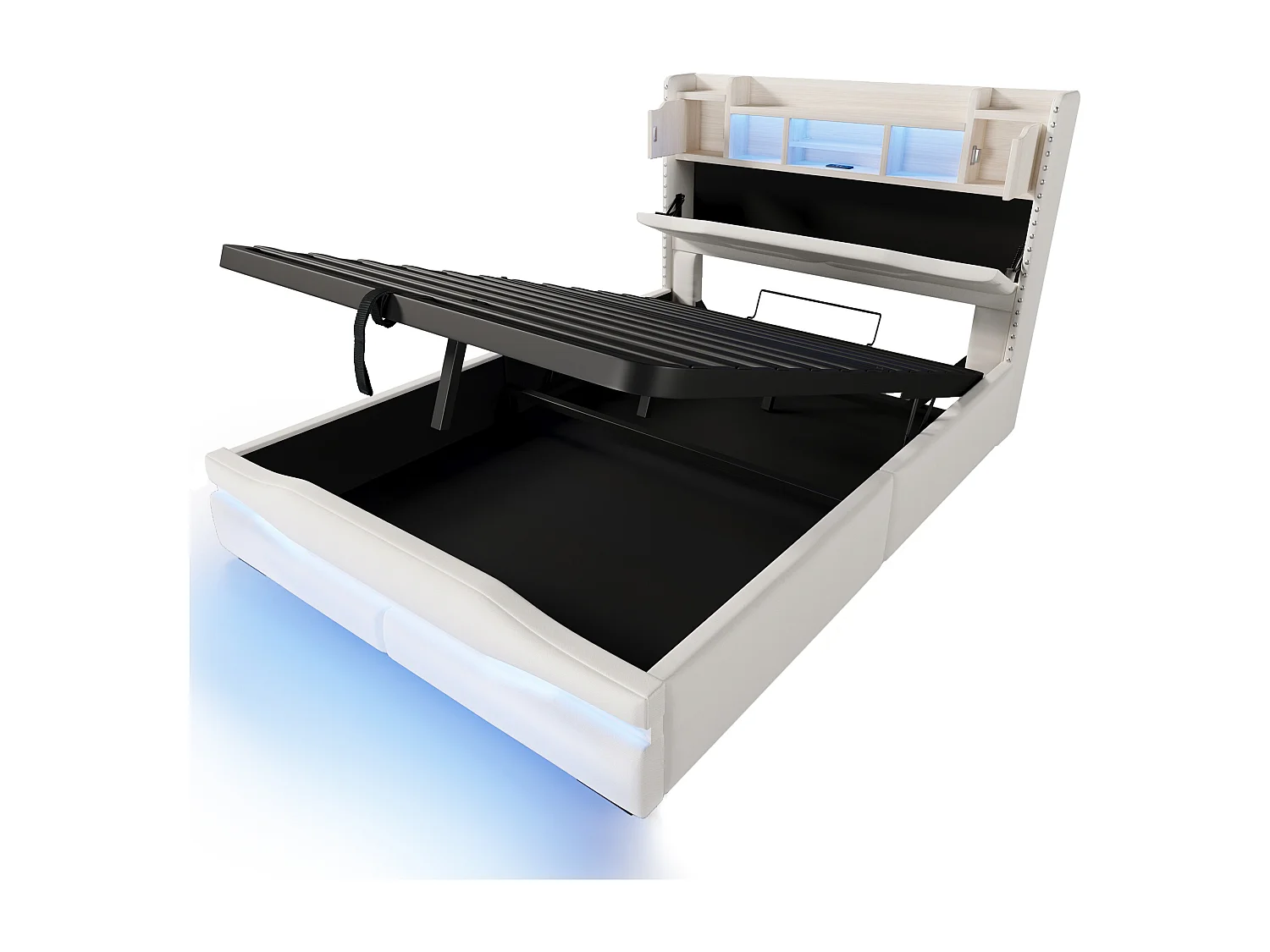 Letto contenitore 140x200 cm - Letto per adulti con ricarica USB e illuminazione LED - testiera contenitore - beige