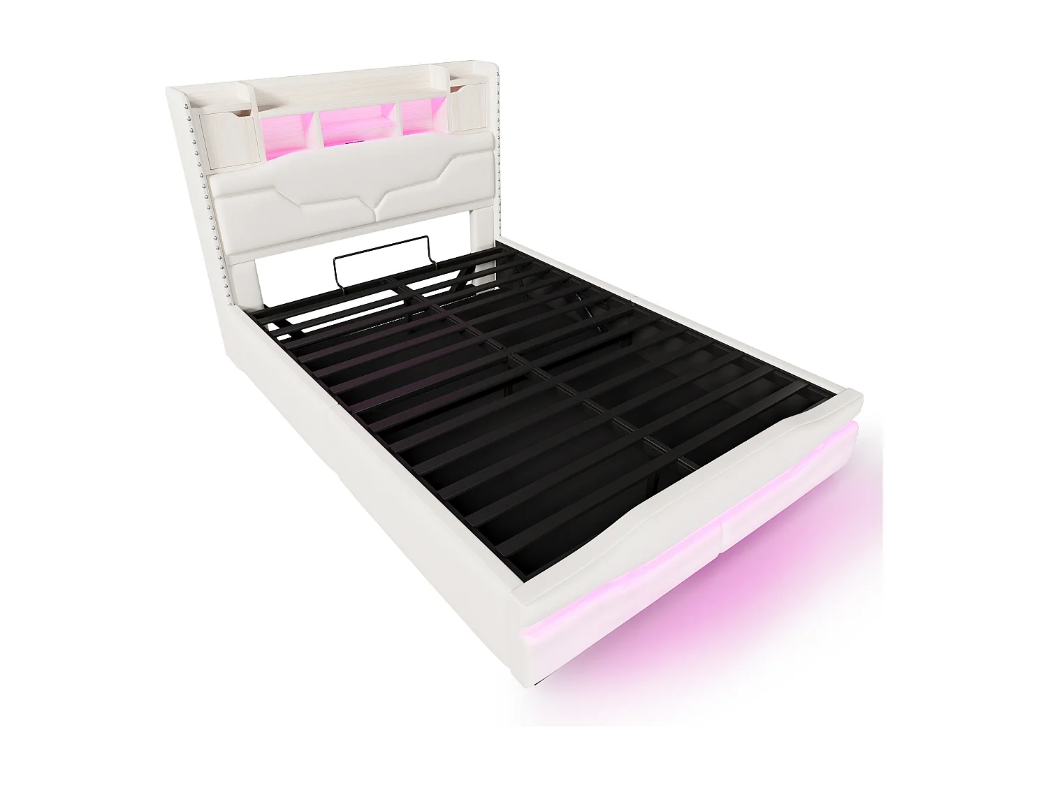 Letto contenitore 140x200 cm - Letto per adulti con ricarica USB e illuminazione LED - testiera contenitore - beige