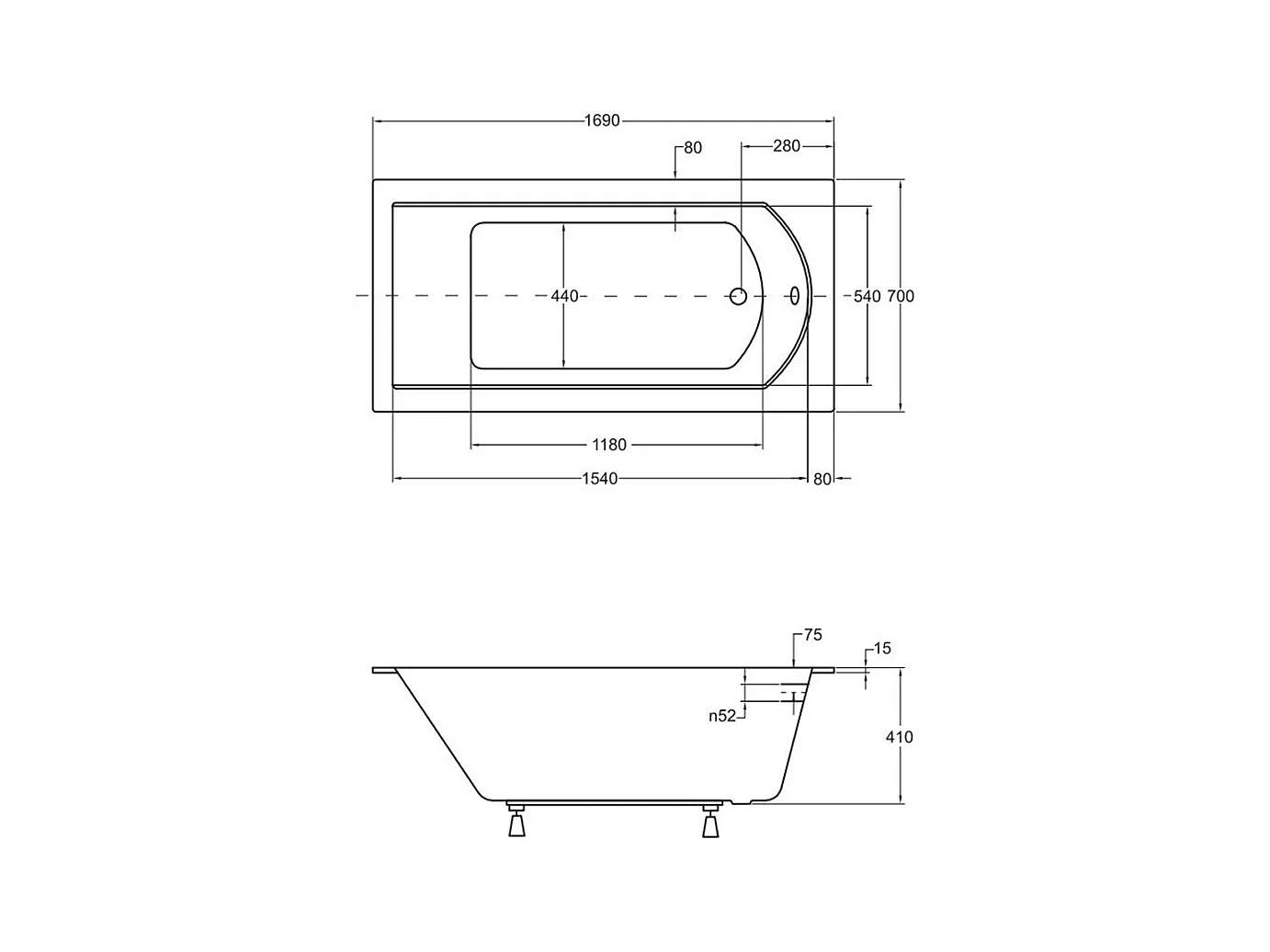 Baignoire rectangulaire 170x70 SHEA SLIM acrylique blanc + Support stabilisateur en polystyrène + Pieds + Vidage à chromé