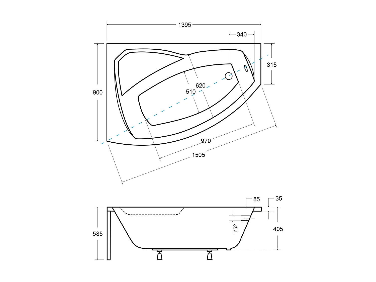 Badewanne Eckwanne RIMA 140x90 Links | Ablauf & Füße GRATIS !