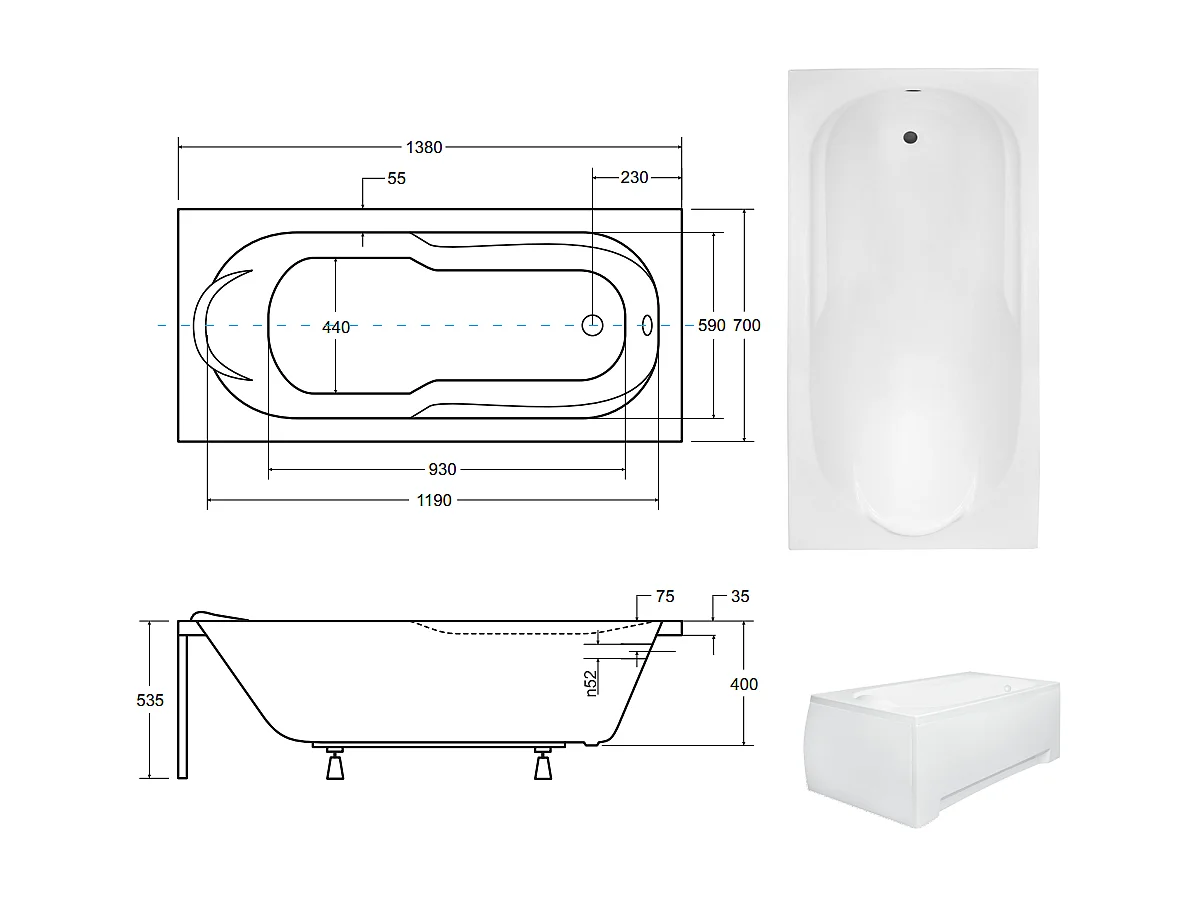 Badewanne Rechteck BONA 140x70 + Bambus Badewannenablage + Kopfstütze KODI | Ablauf & Füße GRATIS !