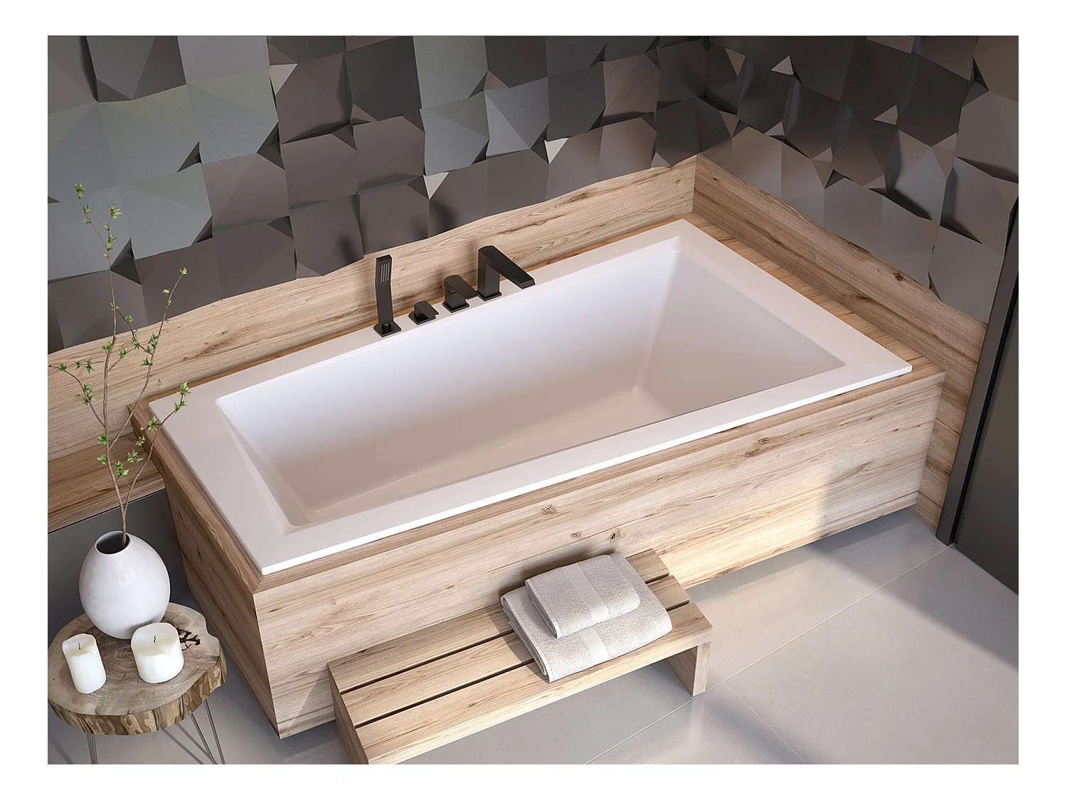 Baignoire asymétrique 160x90 Droite INTIMA SLIM acrylique blanc + Habillage en polystyrène + Pieds + Vidage à chromé