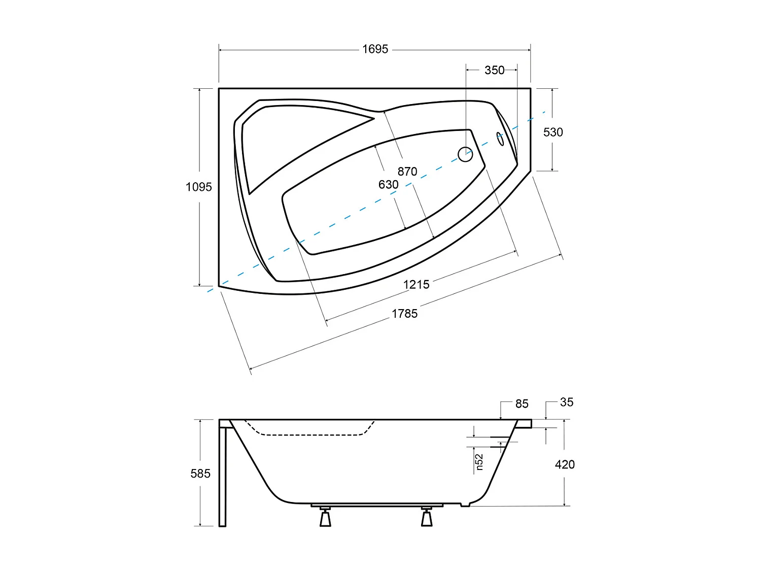 Badewanne Eckwanne RIMA 170x110 Links mit Styroporverkleidung und weißer Kopfstützen | Ablauf & Füße GRATIS !