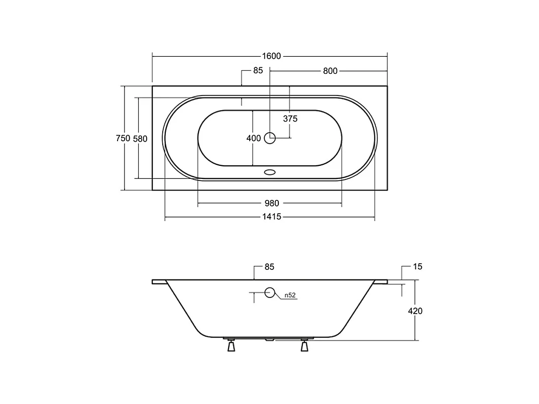 Baignoire rectangulaire 160x75 VITAE SLIM acrylique blanc + Support stabilisateur en polystyrène + Pieds + Vidage à chromé
