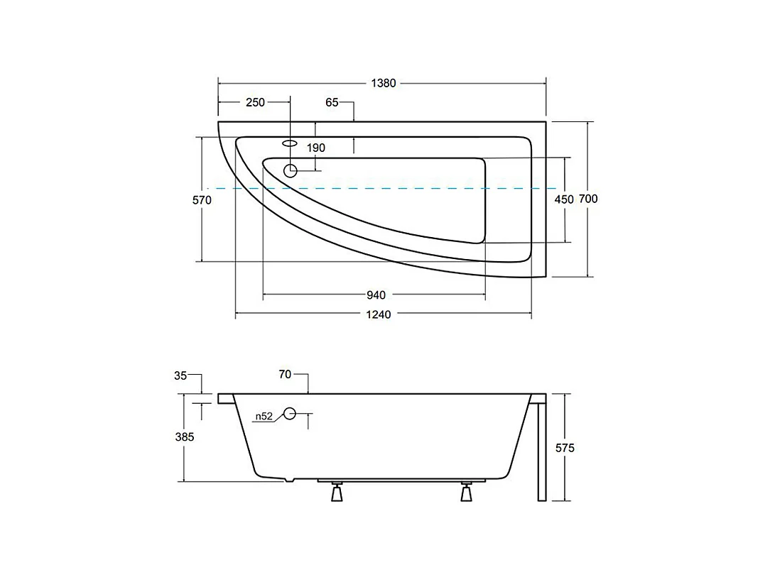 Baignoire asymétrique 140x70 Droite PRAKTIKA acrylique blanc + avec Tablier + Pieds + Vidage à chromé