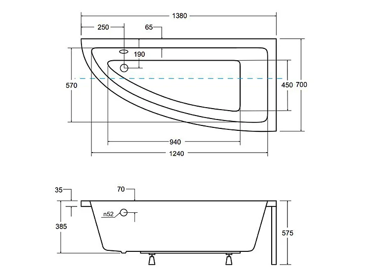 Badewanne Eckwanne PRAKTIKA 140x70 Rechts mit AcrylSchürze | Ablauf & Füße GRATIS !