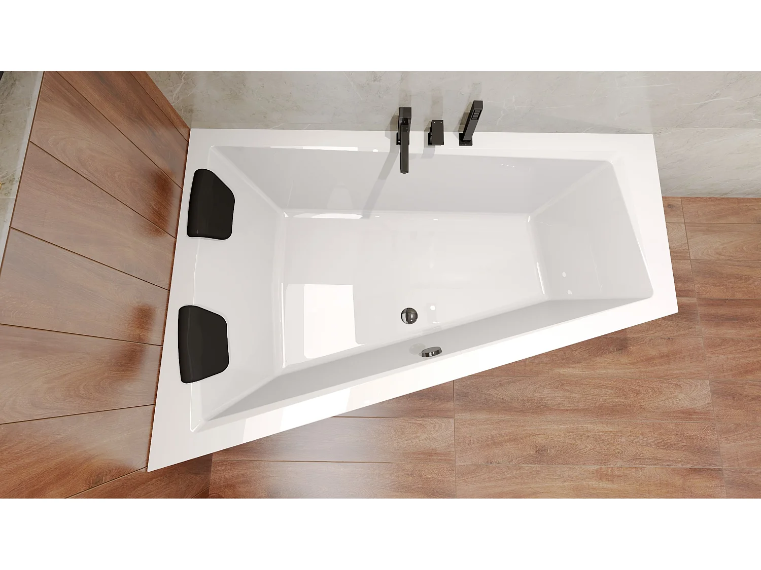 Baignoire asymétrique 170x125 Gauche INTIMA acrylique blanc, sans Habillage + Repose Tête + Étagère bambou + Pieds + Vidage à chromé