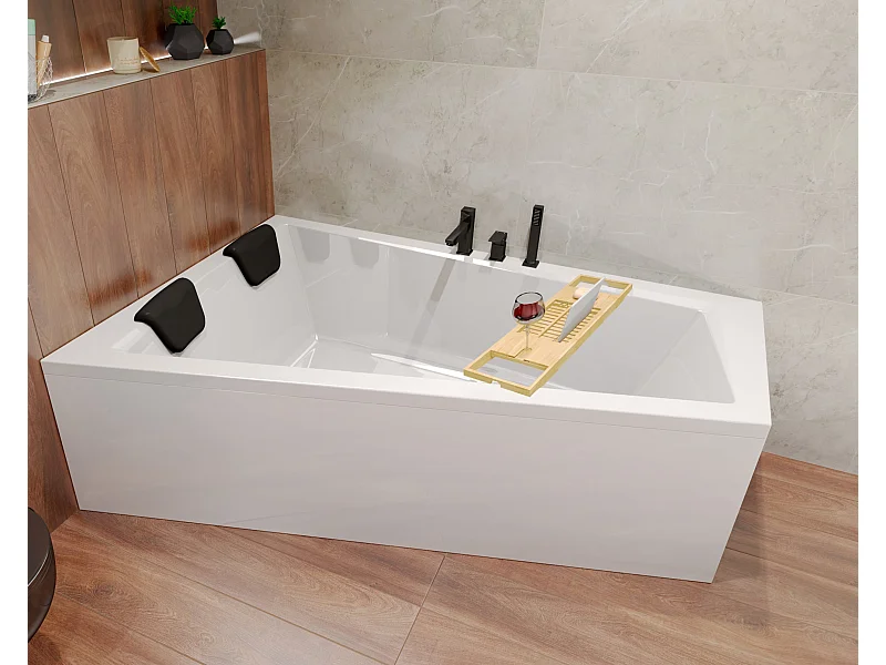 Baignoire asymétrique 170x125 Gauche INTIMA acrylique blanc, sans Habillage + Repose Tête + Étagère bambou + Pieds + Vidage à chromé