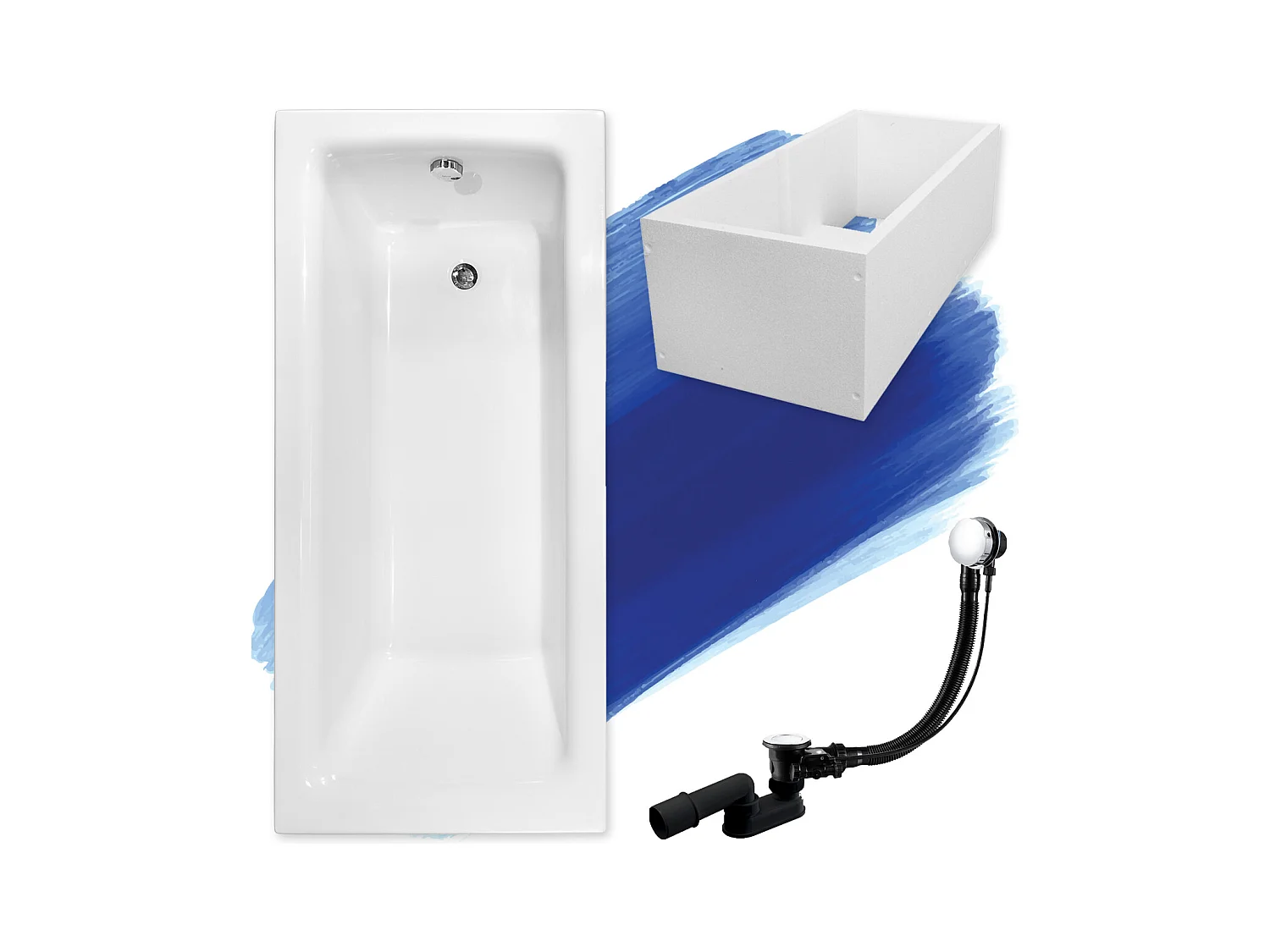 Baignoire rectangulaire 160x75 TALIA acrylique blanc + Support stabilisateur en polystyrène + Pieds + Vidage à chromé