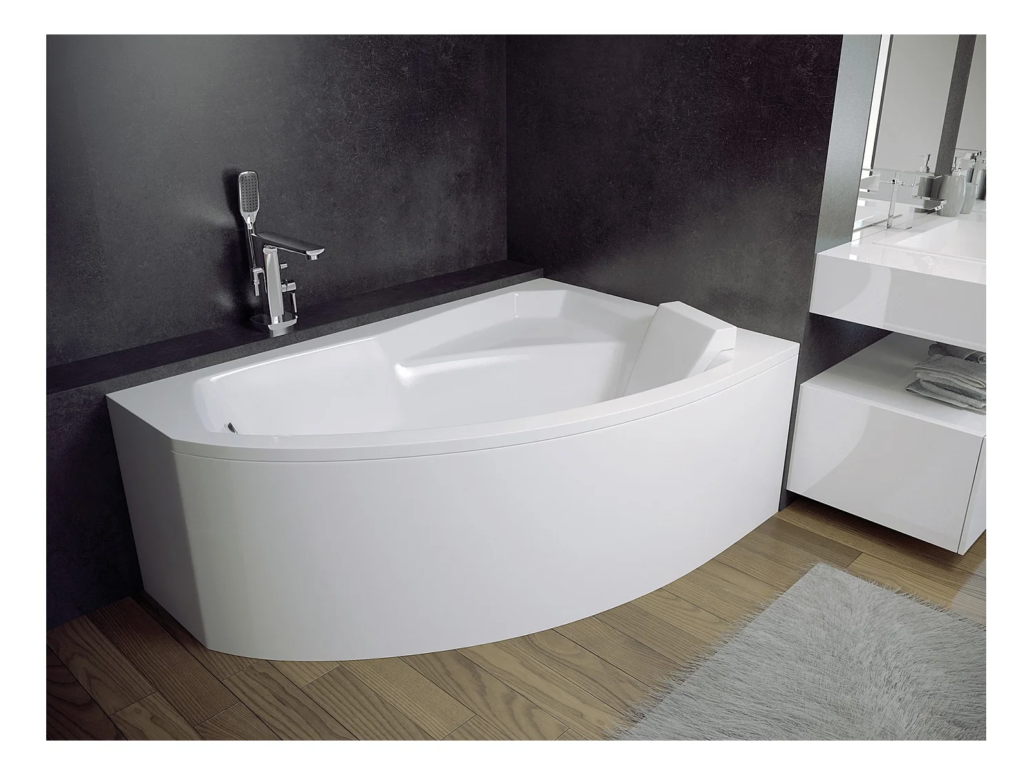 Baignoire asymétrique 170x110 Droite RIMA acrylique blanc + avec Tablier + Repose Tête + Pieds + Vidage à chromé