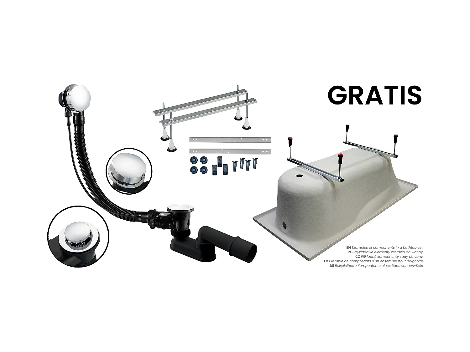 Badewanne Eckwanne RIMA 170x110 Rechts mit AcrylSchürze und weißer Kopfstützen | Ablauf & Füße GRATIS !