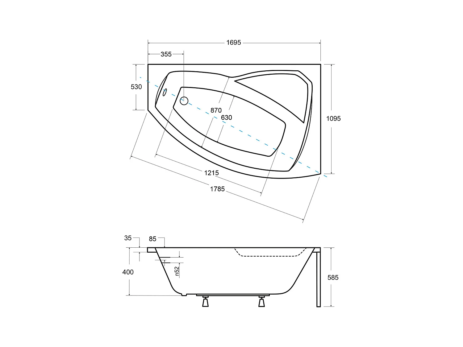 Badewanne Eckwanne RIMA 170x110 Rechts mit AcrylSchürze und weißer Kopfstützen | Ablauf & Füße GRATIS !