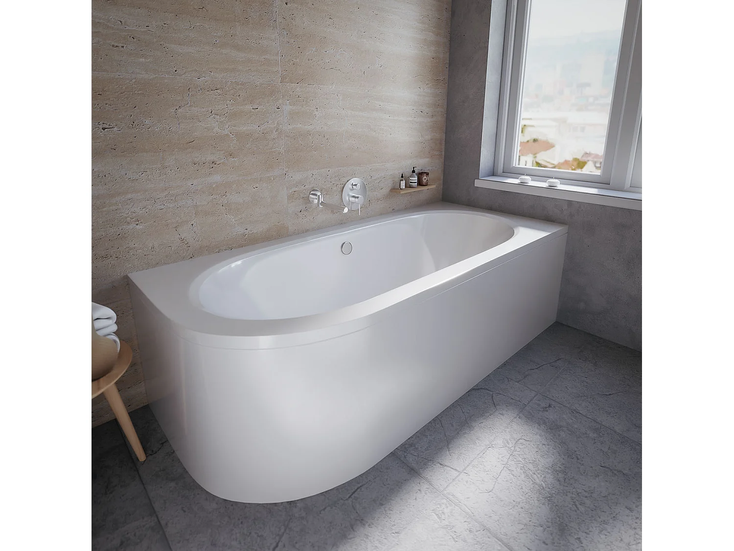 Baignoire asymétrique 180x80 Droite AVITA acrylique blanc, sans Habillage + Pieds + Vidage à chromé