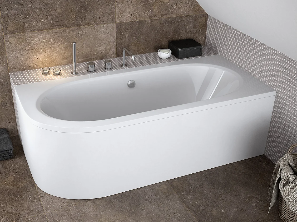 Baignoire asymétrique 180x80 Droite AVITA acrylique blanc, sans Habillage + Pieds + Vidage à chromé