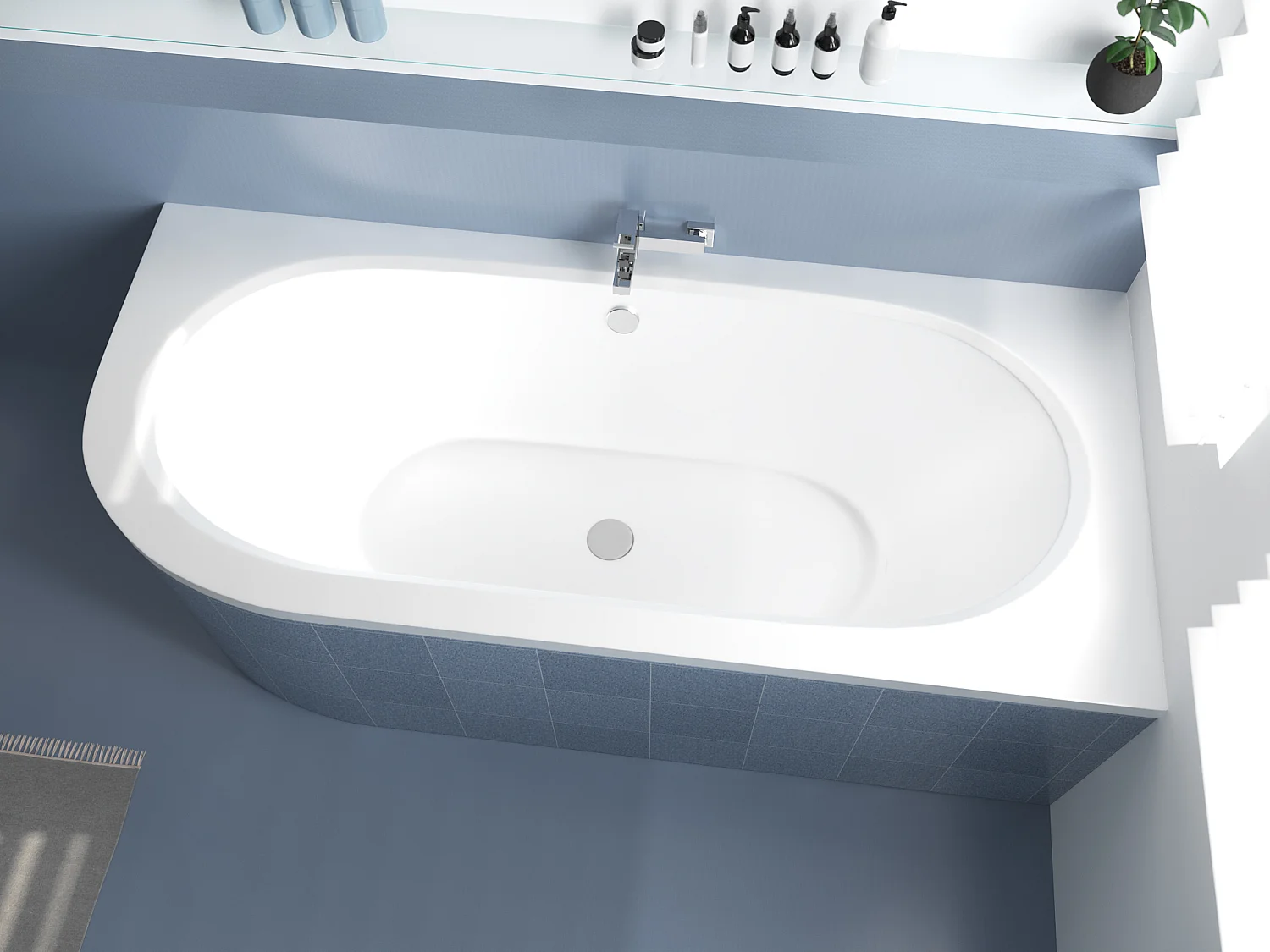 Baignoire asymétrique 180x80 Droite AVITA acrylique blanc, sans Habillage + Pieds + Vidage à chromé