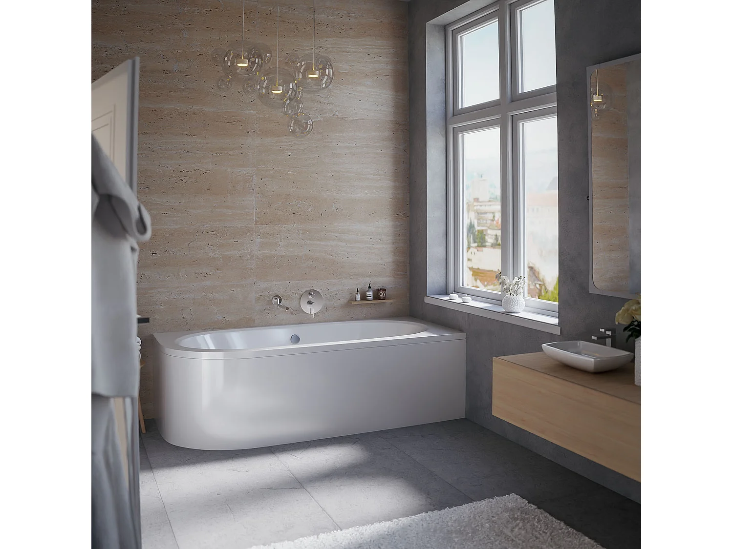 Baignoire asymétrique 180x80 Droite AVITA acrylique blanc, sans Habillage + Pieds + Vidage à chromé