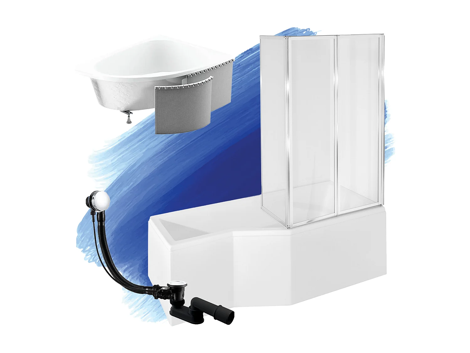 Baignoire asymétrique 170x75 Droite INTEGRA acrylique blanc + Habillage en polystyrène + Écran + Pieds + Vidage à chromé