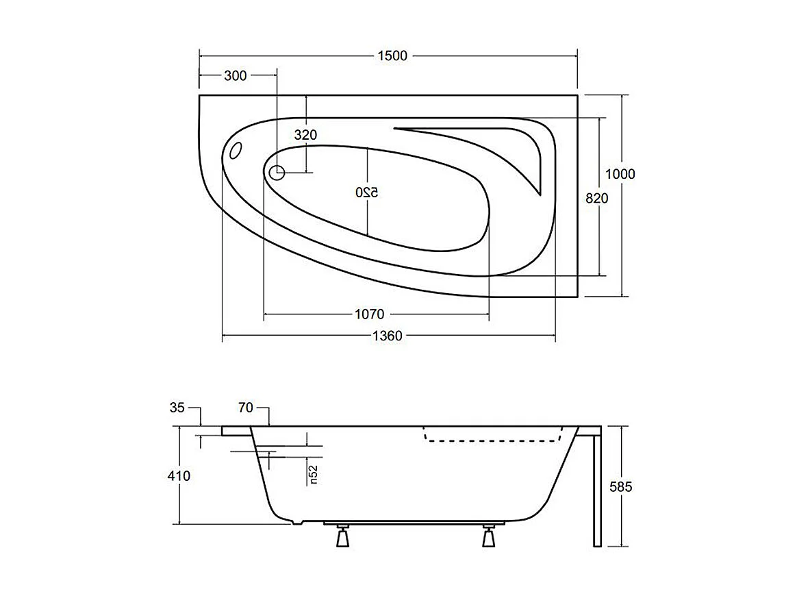 Baignoire asymétrique 150x100 Droite CORNEA acrylique blanc + avec Tablier + Pieds + Vidage à chromé