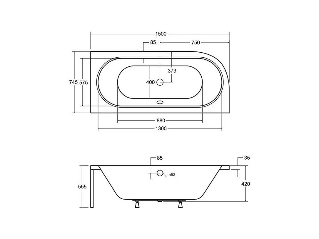 Baignoire asymétrique 150x75 Droite AVITA acrylique blanc, sans Habillage + Repose Tête + Pieds + Vidage à chromé