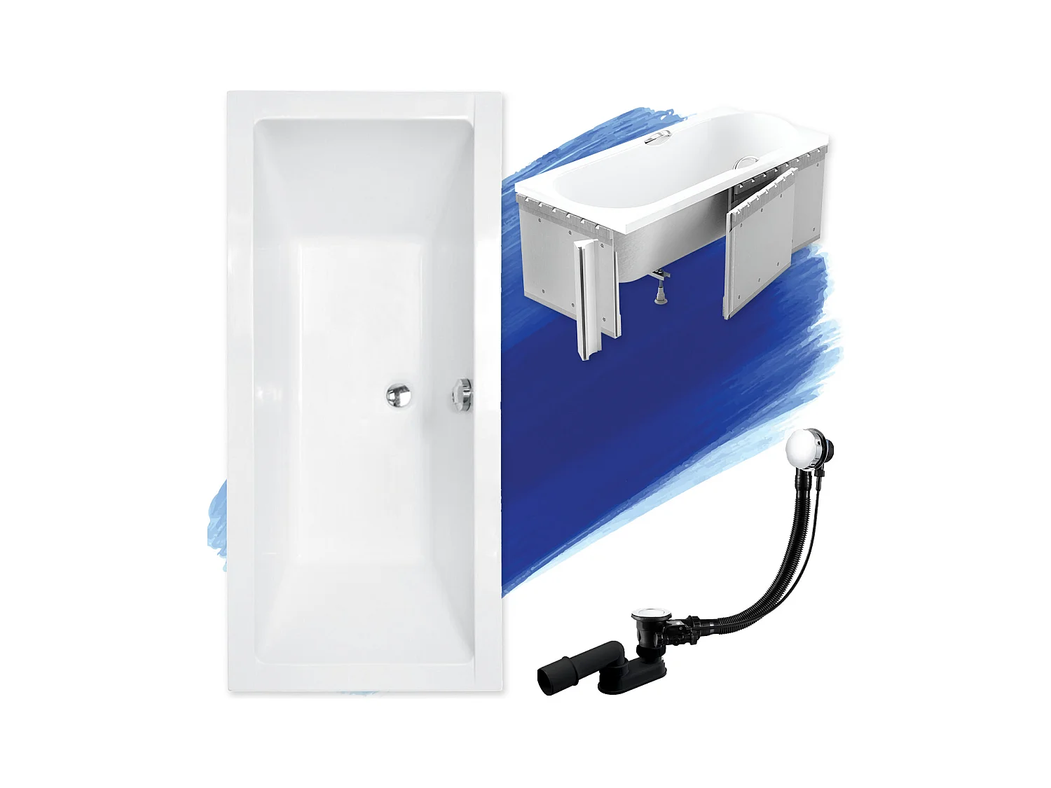 Baignoire rectangulaire 170x75 QUADRO acrylique blanc + Habillage en polystyrène + Pieds + Vidage à chromé
