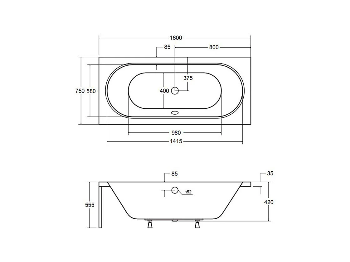 Badewanne Rechteck VITAE 160x75 | Ablauf & Füße GRATIS !