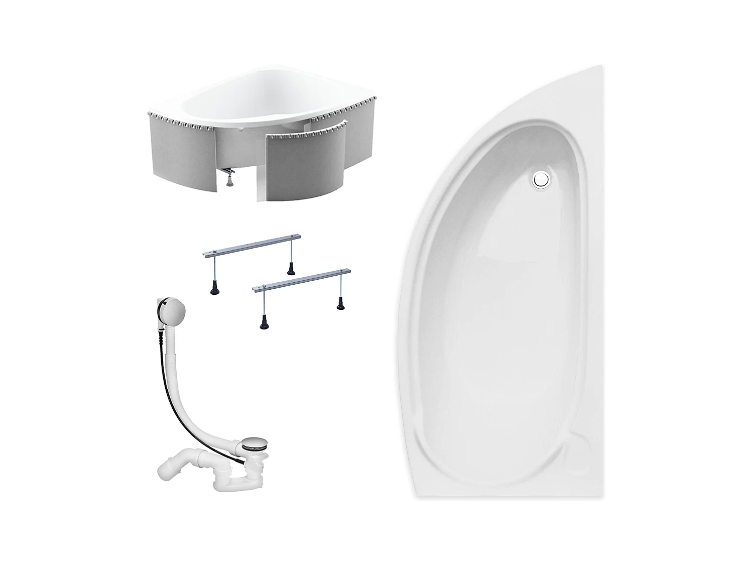 Baignoire asymétrique 150x70 Droite MINI acrylique blanc + Habillage en polystyrène + Pieds + Vidage à chromé