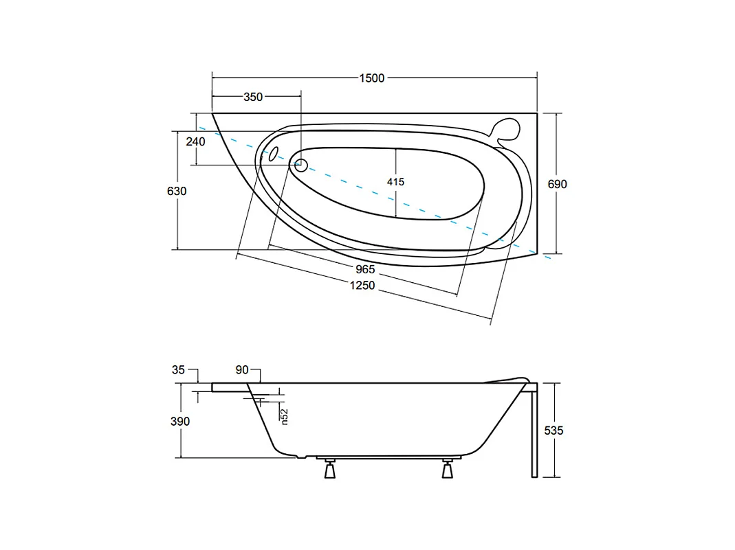 Baignoire asymétrique 150x70 Droite MINI acrylique blanc + Habillage en polystyrène + Pieds + Vidage à chromé